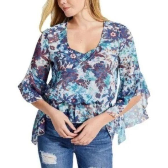 Guess blue floral print edgy and flowy crop top Size XS - Picture 1 of 12